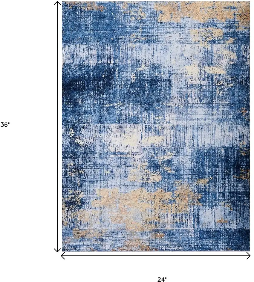 Blue and Gold Abstract Printed Washable Non Skid Area Rug Photo 3