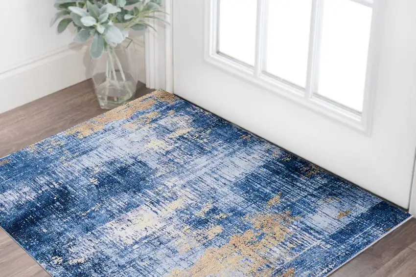 Blue and Gold Abstract Printed Washable Non Skid Area Rug Photo 1