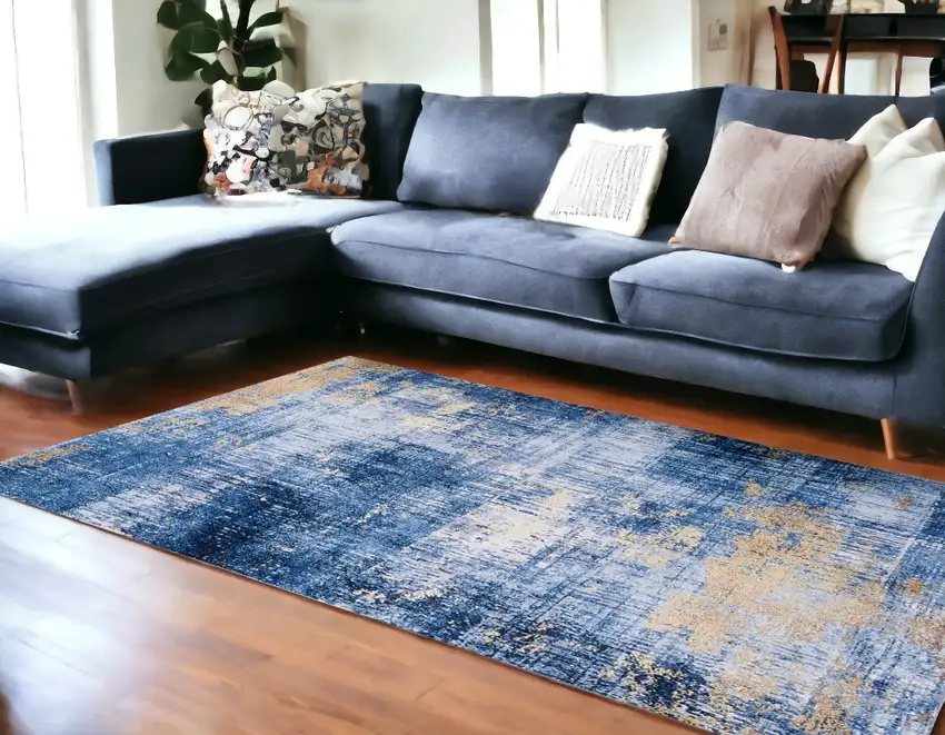 Blue and Gold Abstract Printed Washable Non Skid Area Rug Photo 1