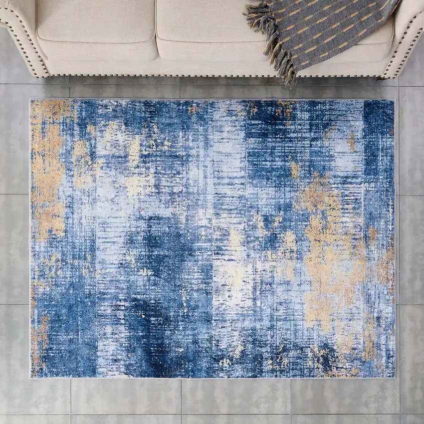 Blue and Gold Abstract Printed Washable Non Skid Area Rug Photo 6