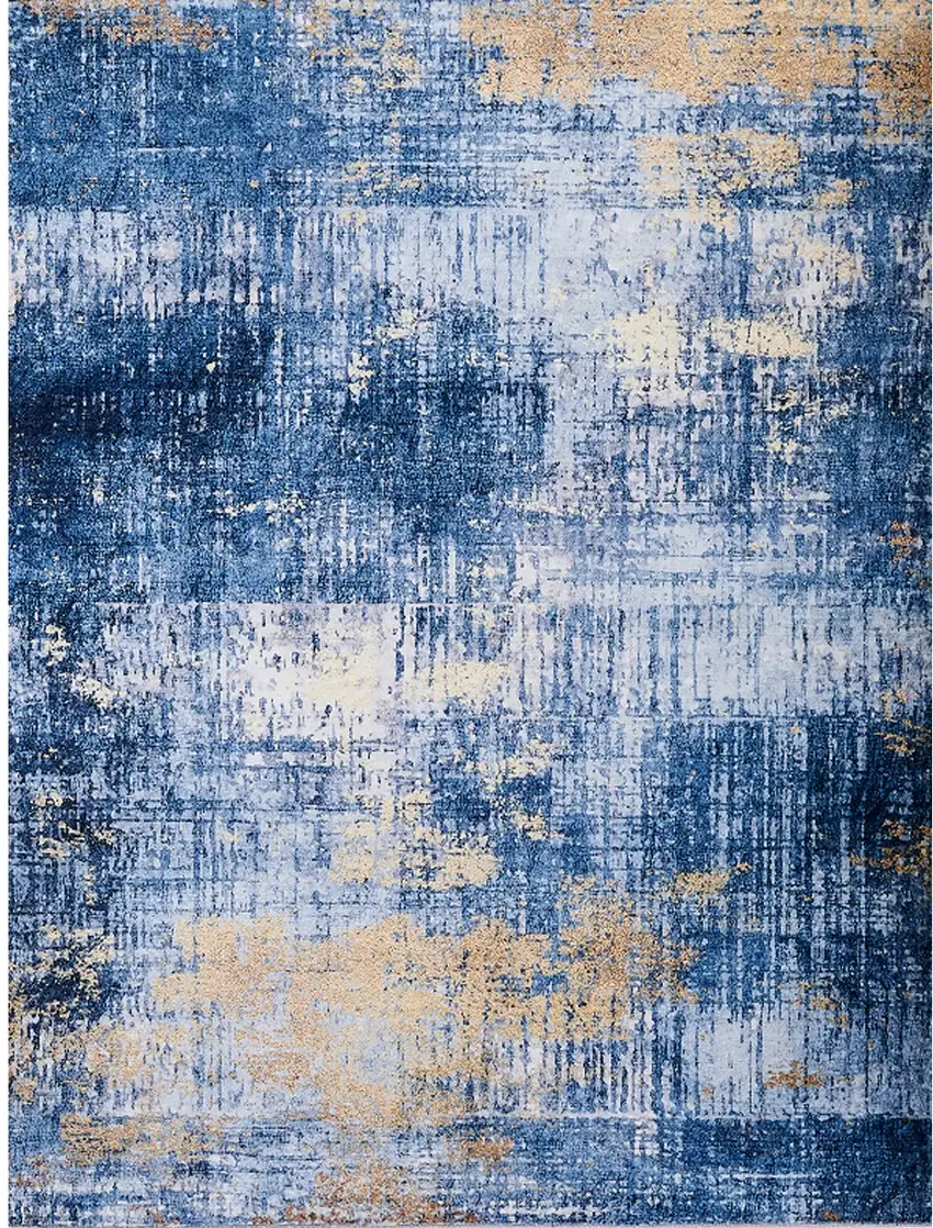 Blue and Gold Abstract Printed Washable Non Skid Area Rug Photo 2