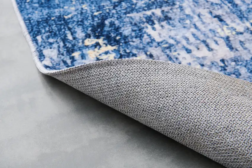 Blue and Gold Abstract Shag Printed Washable Non Skid Area Rug Photo 7