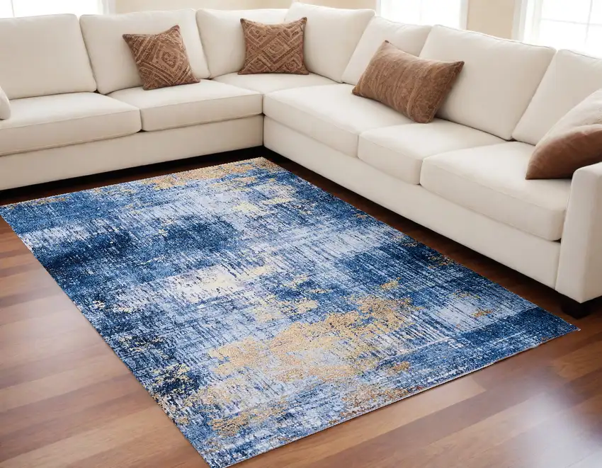 Blue and Gold Abstract Shag Printed Washable Non Skid Area Rug Photo 1