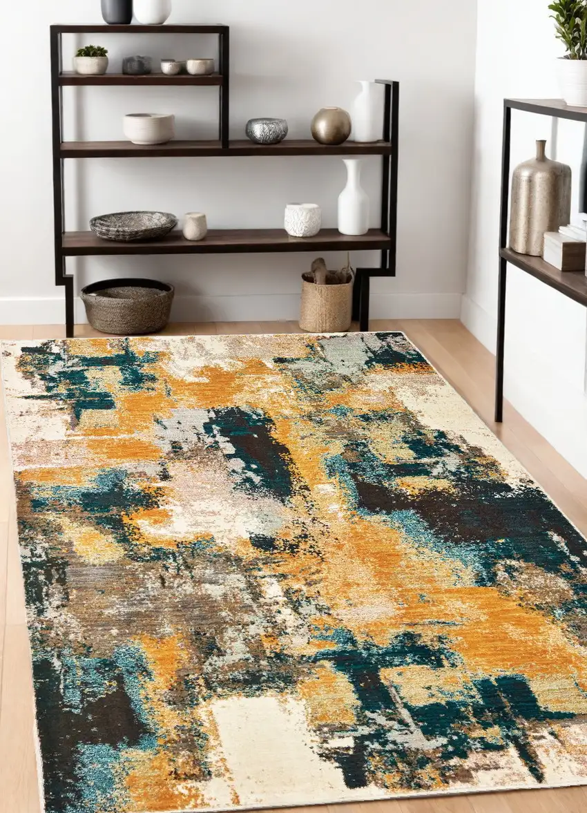 Blue And Gold Abstract Strokes Area Rug Photo 1