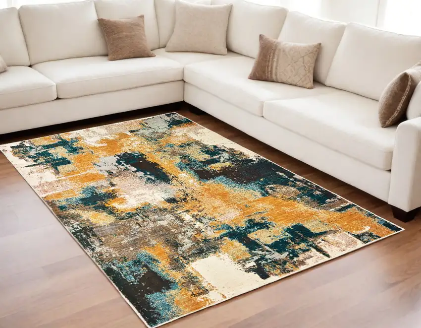 Blue And Gold Abstract Strokes Area Rug Photo 1