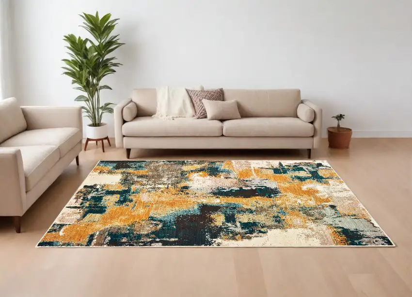 Blue And Gold Abstract Strokes Area Rug Photo 1