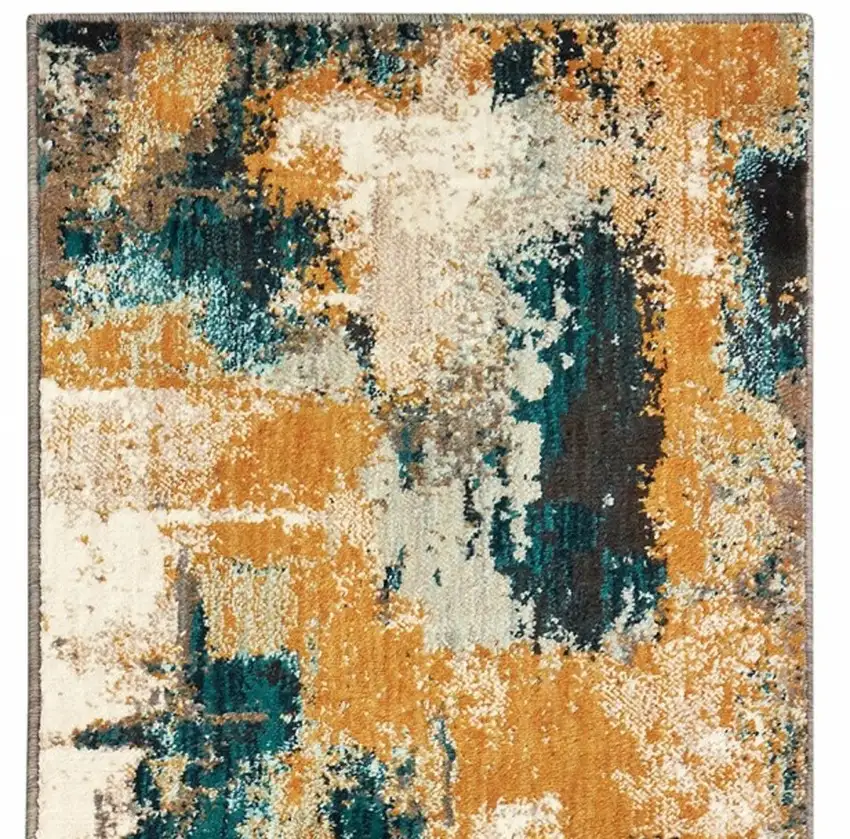 Blue and Gold Abstract Strokes Runner Rug Photo 4