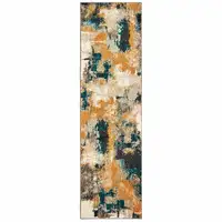 Photo of Blue and Gold Abstract Strokes Runner Rug