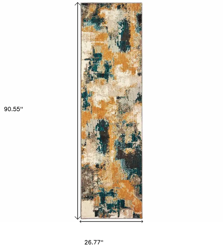 Blue and Gold Abstract Strokes Runner Rug Photo 5