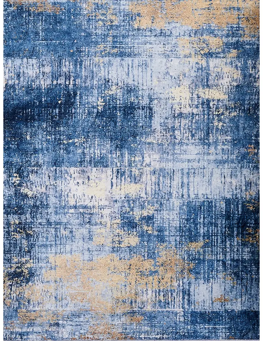 Blue and Gold Abstract Washable Non Skid Area Rug Photo 2