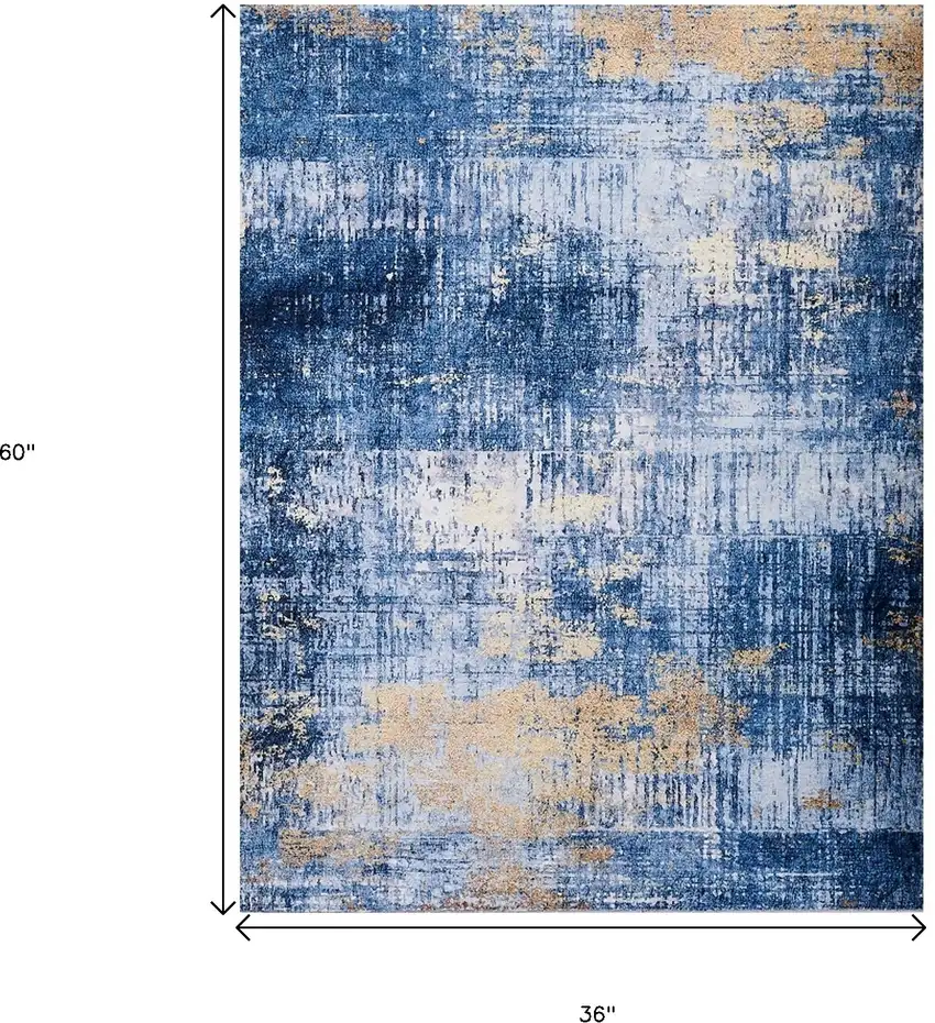 Blue and Gold Abstract Washable Non Skid Area Rug Photo 3