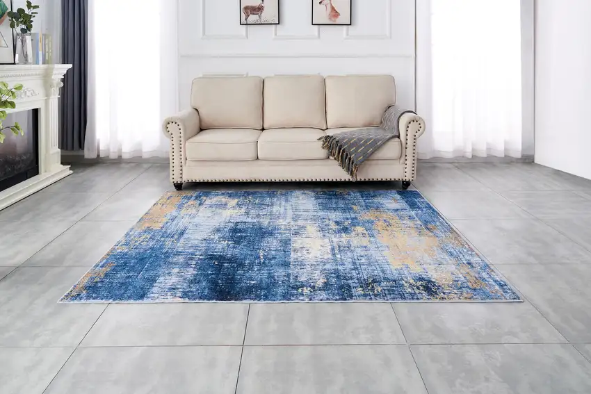 Blue and Gold Abstract Washable Non Skid Area Rug Photo 9