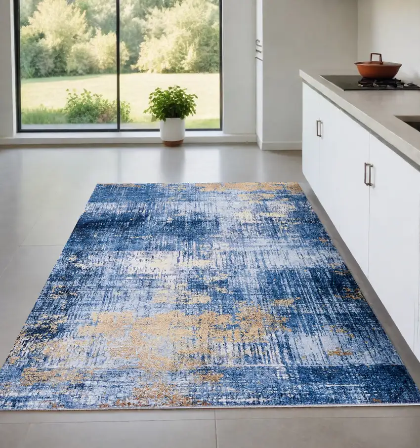 Blue and Gold Abstract Washable Non Skid Area Rug Photo 2