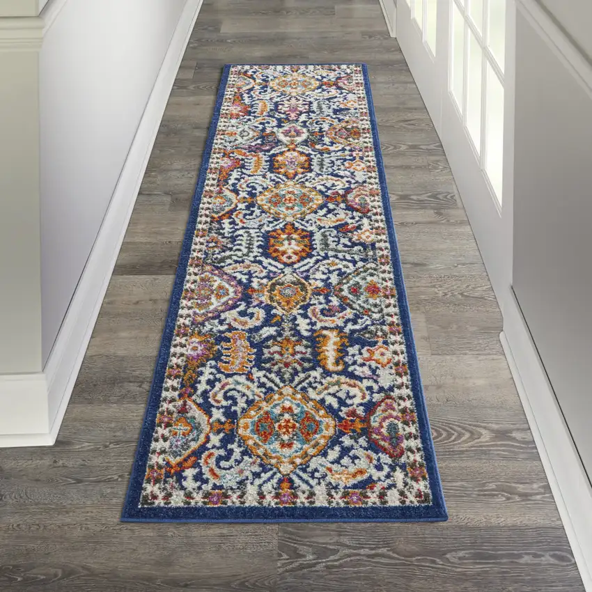 8' Blue And Ivory Oriental Runner Rug Photo 8