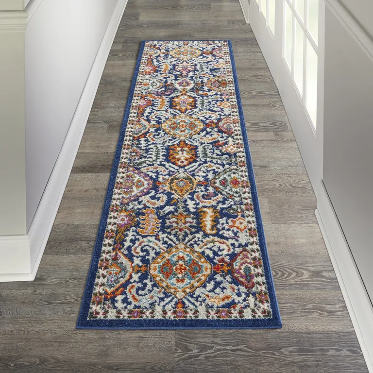 Blue and Gold Intricate Runner Rug Photo 5