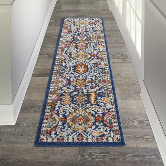 8' Blue And Ivory Oriental Runner Rug Photo 5