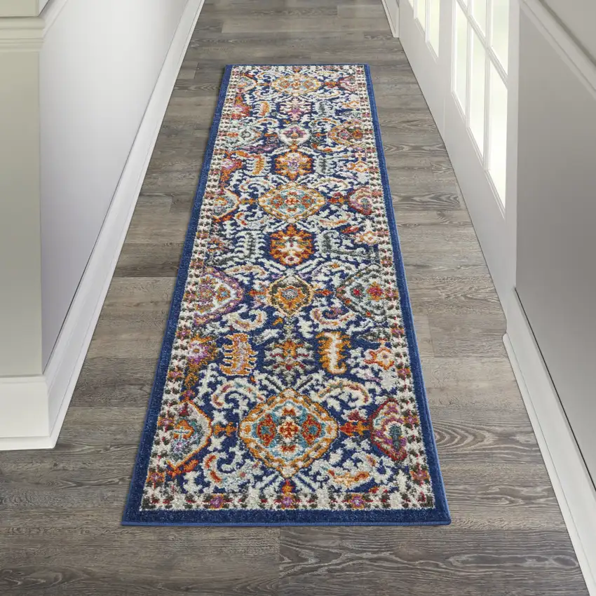 8' Blue And Ivory Oriental Runner Rug Photo 5