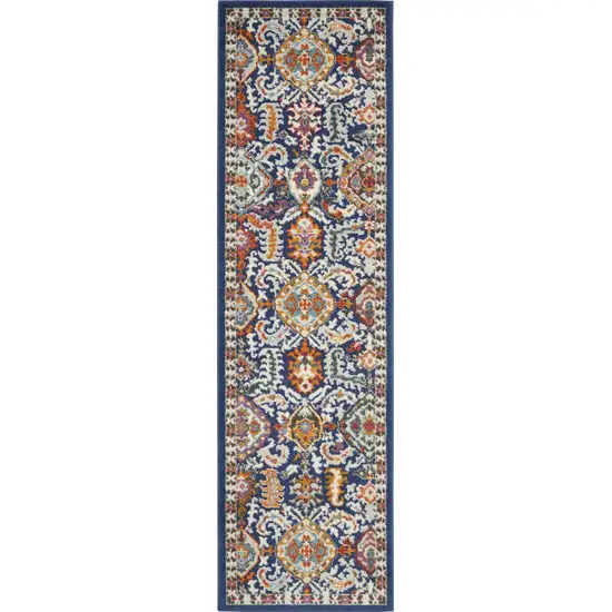 8' Blue And Ivory Oriental Runner Rug Photo 8