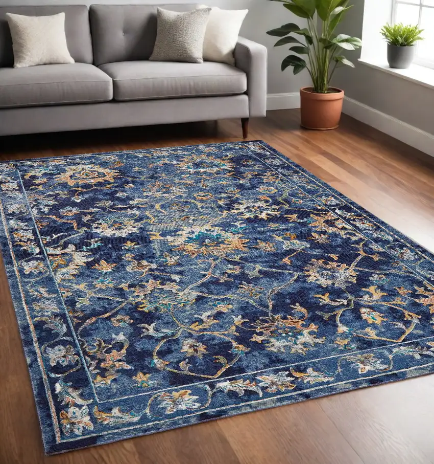 Blue Aqua and Gold Floral Area Rug Photo 1