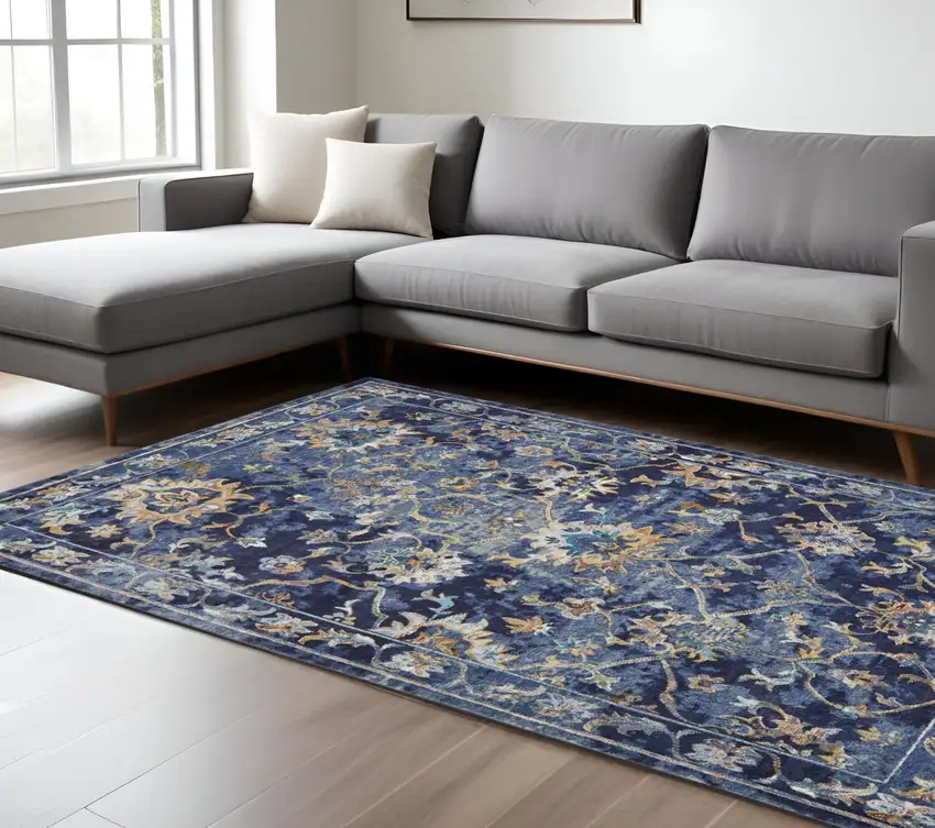Blue Aqua and Gold Oriental Distressed Area Rug Photo 1
