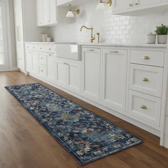 2' X 9' Blue and Gold Jacobean Runner Rug Photo 1