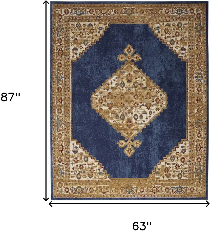 Blue and Gold Medallion Power Loom Distressed Area Rug Photo 3