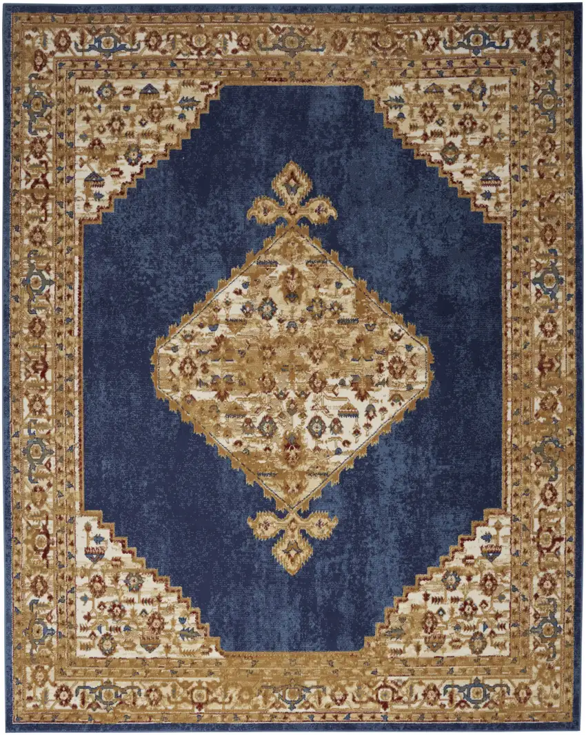 Blue and Gold Medallion Power Loom Distressed Area Rug Photo 2