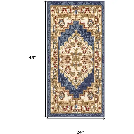 Blue and Gold Medallion Power Loom Distressed Area Rug Photo 3