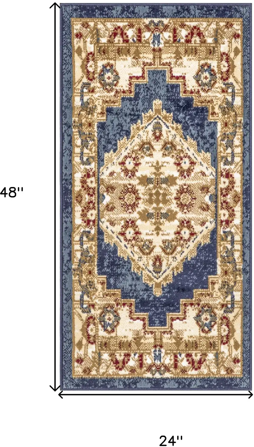 Blue and Gold Medallion Power Loom Distressed Area Rug Photo 3