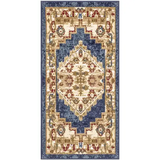 Blue and Gold Medallion Power Loom Distressed Area Rug Photo 2
