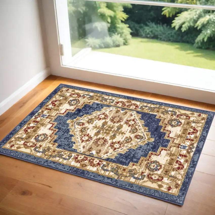 Blue and Gold Medallion Power Loom Distressed Area Rug Photo 1