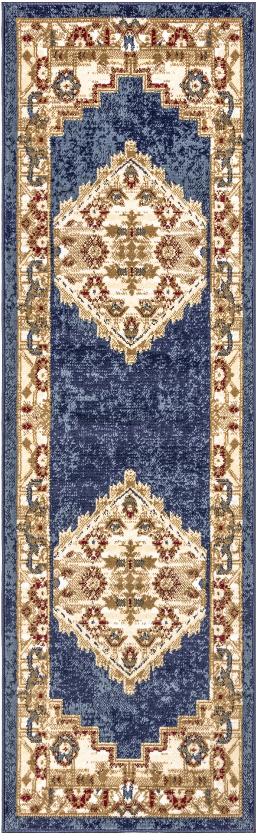Blue and Gold Medallion Power Loom Distressed Runner Rug Photo 2