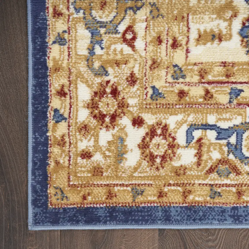 Blue and Gold Medallion Power Loom Distressed Runner Rug Photo 4