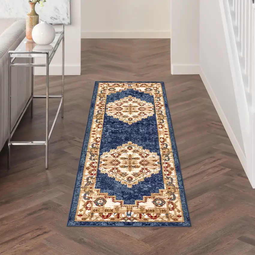 Blue and Gold Medallion Power Loom Distressed Runner Rug Photo 8