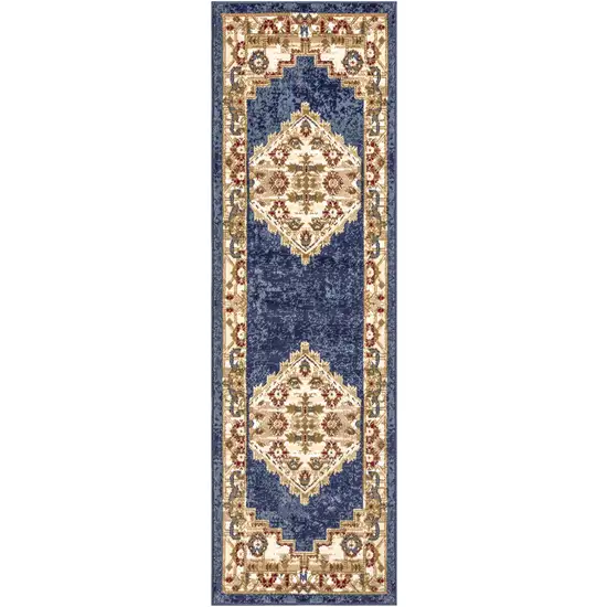 8' Blue And Gold Medallion Distressed Runner Rug Photo 6