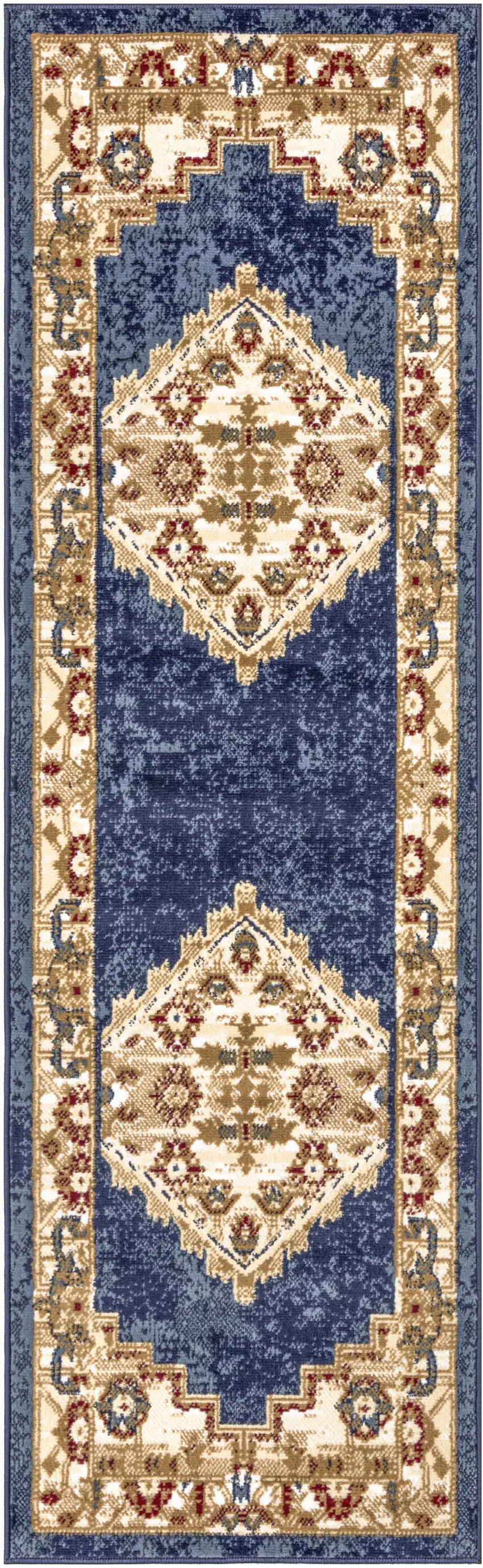 8' Blue And Gold Medallion Distressed Runner Rug Photo 6