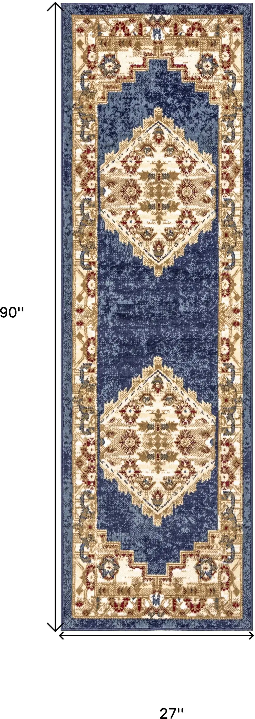 Blue and Gold Medallion Power Loom Distressed Runner Rug Photo 3