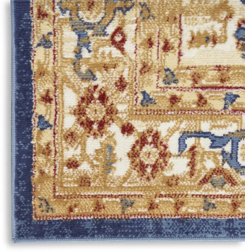 8' Blue And Gold Medallion Distressed Runner Rug Photo 9