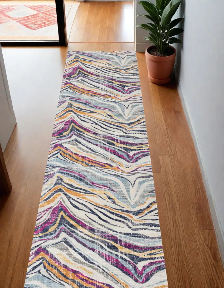 15' Blue And Gold Camouflage Dhurrie Runner Rug Photo 1