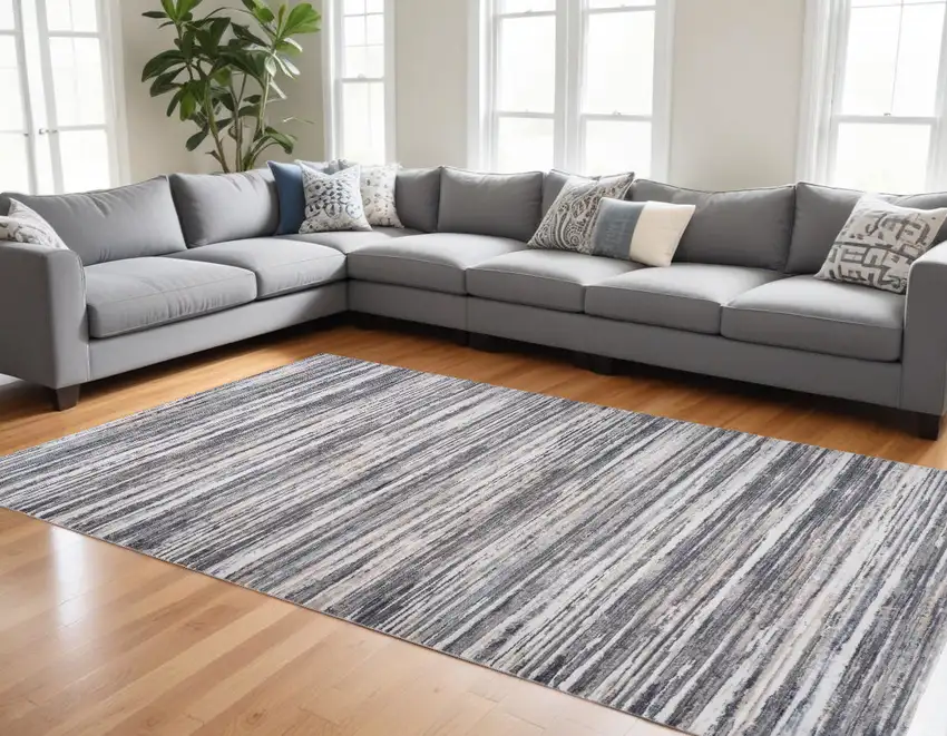 Blue and Gray Abstract Distressed Area Rug Photo 2