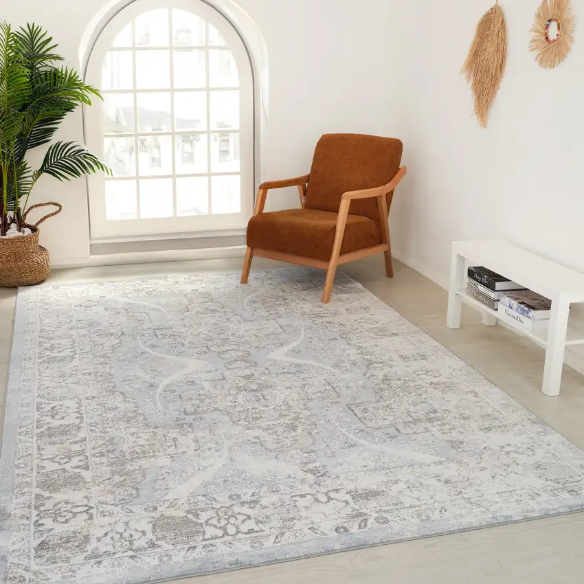 Blue and Gray Abstract Distressed Area Rug Photo 3