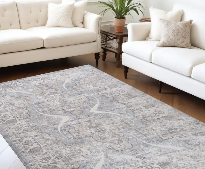 Blue and Gray Abstract Distressed Area Rug Photo 5