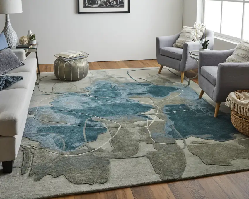 Blue and Gray Abstract Hand Tufted Area Rug Photo 9