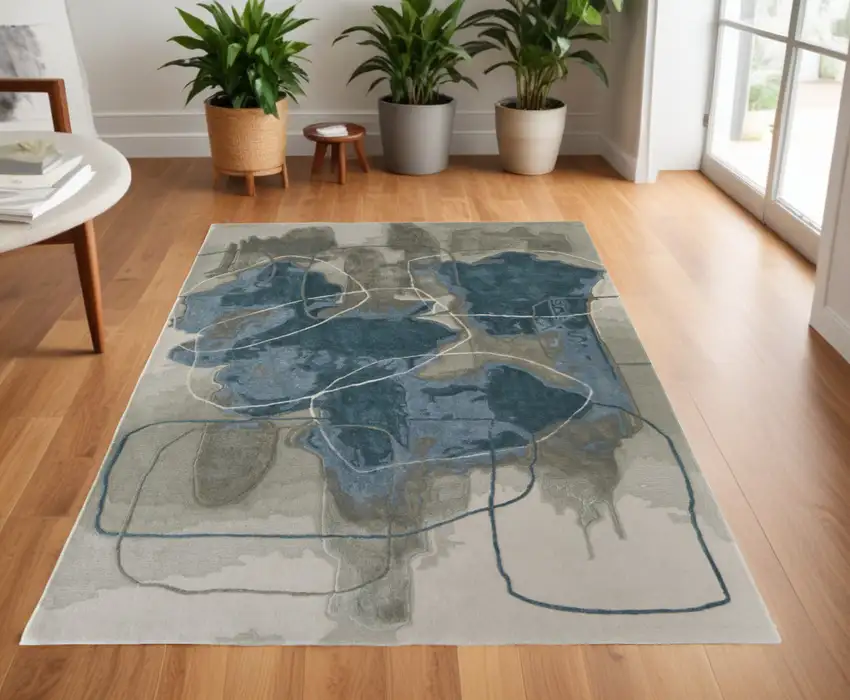 Blue and Gray Abstract Hand Tufted Area Rug Photo 1