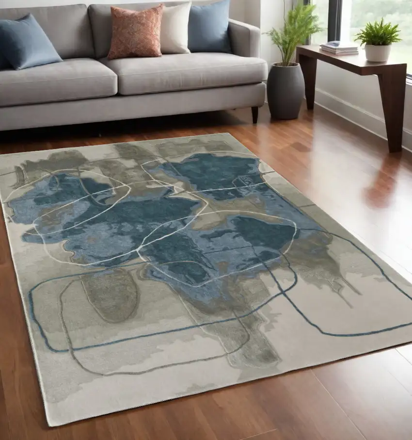 Blue and Gray Abstract Hand Tufted Area Rug Photo 1