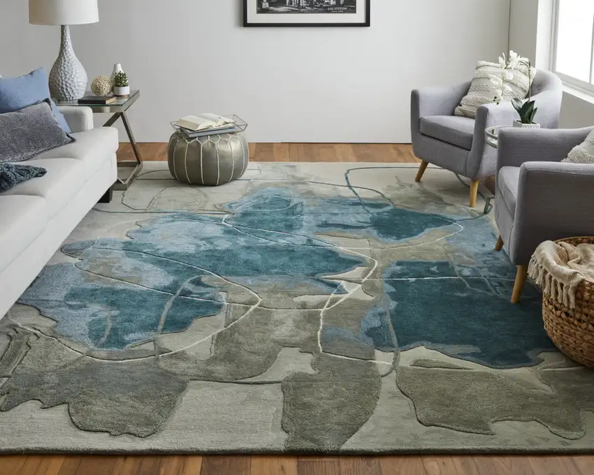 Blue and Gray Abstract Hand Tufted Area Rug Photo 9
