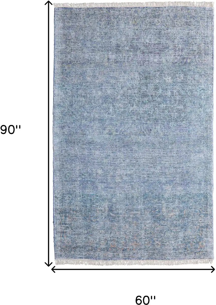 Blue and Gray Abstract Hand Woven Distressed Area Rug With Fringe Photo 3