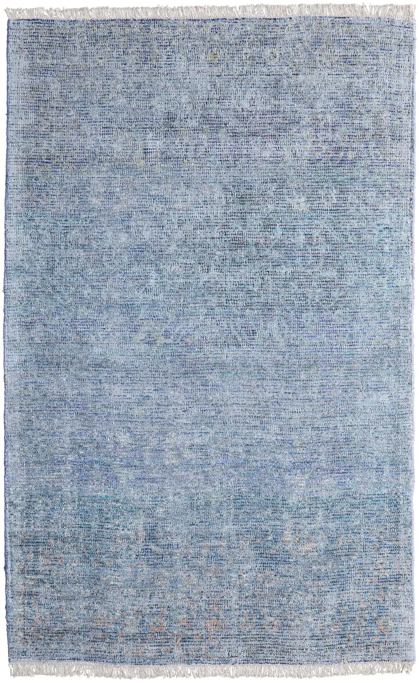 Blue and Gray Abstract Hand Woven Distressed Area Rug With Fringe Photo 2