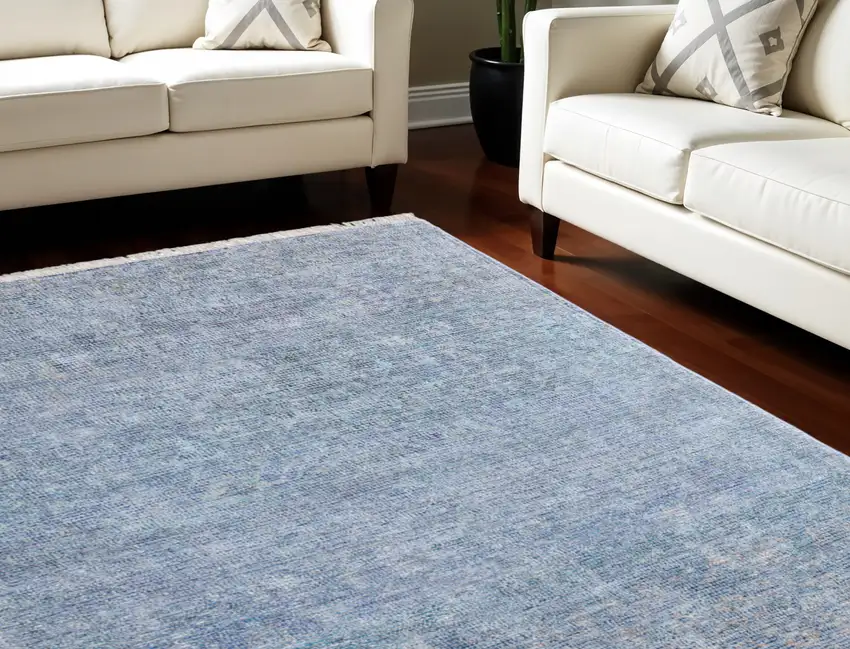 Blue and Gray Abstract Hand Woven Distressed Area Rug With Fringe Photo 1