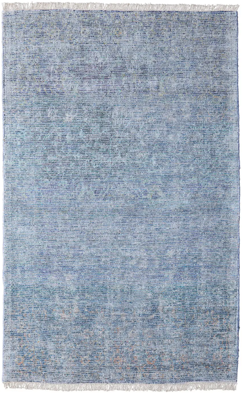 Blue and Gray Abstract Hand Woven Distressed Area Rug With Fringe Photo 6